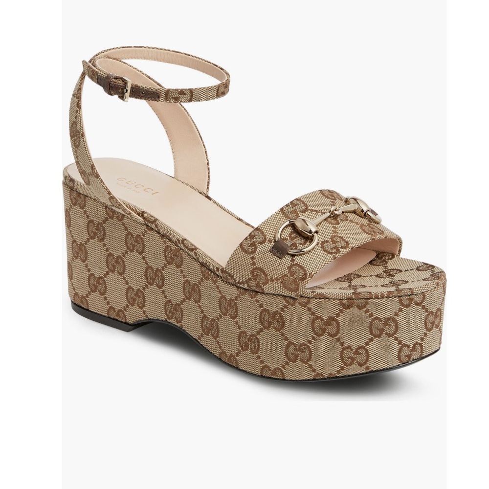 Gucci Horsebit GG Logo Canvas Platform Wedge Sandals Eu 39.5 US 10  ( 1/2 Big) - Picture 10 of 12